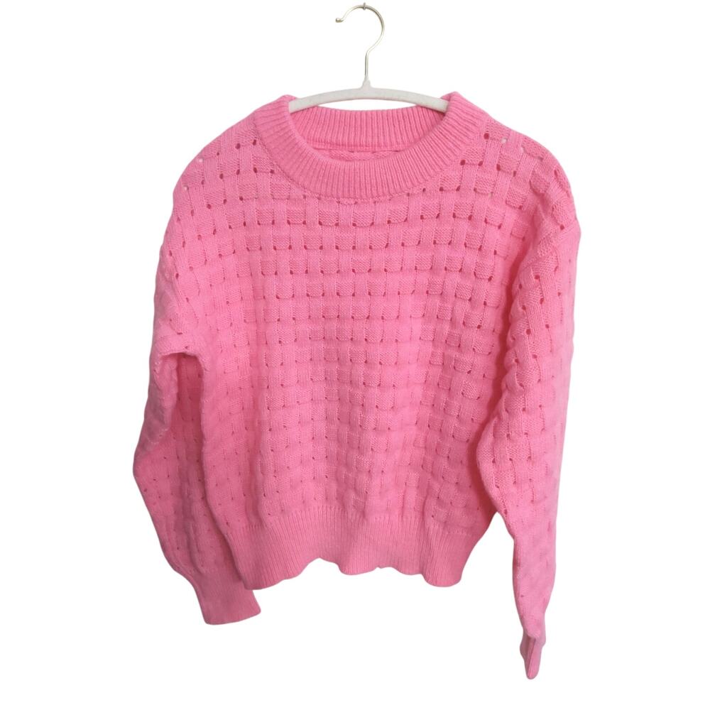 Chunky open knit barbiecore sweater sz S Scoopneck weave pullover oversized
